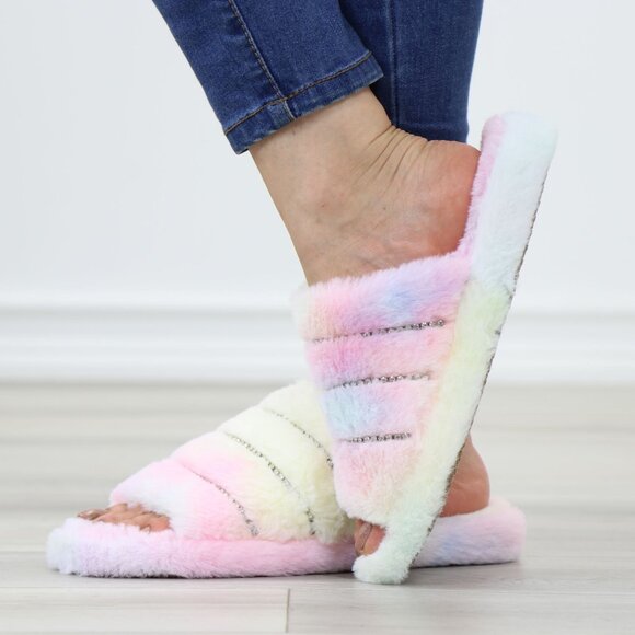 Pastel Rainbow Fuzzy Slippers Open Toe Plush Multicolor Cozy Indoor Slides - Picture 10 of 12